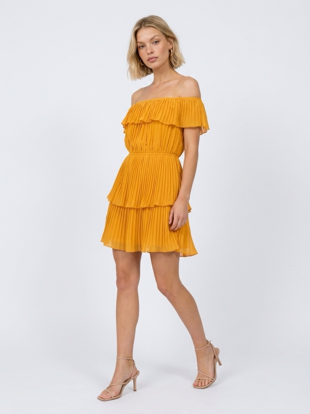 ALI & JAY Yellow Orange Off Shoulder Tiered Ruffle Mini Dress Women's Small